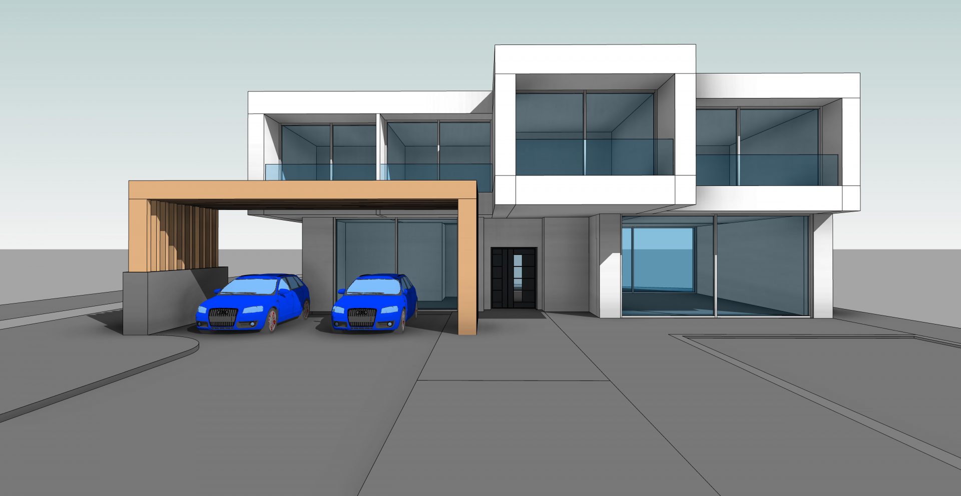 Vogelperspektive moderne Villa – fotorealistische 3D-Visualisierung mit Pool, Terrasse und Landschaftsgestaltung – erstellt von RaumFokus3D