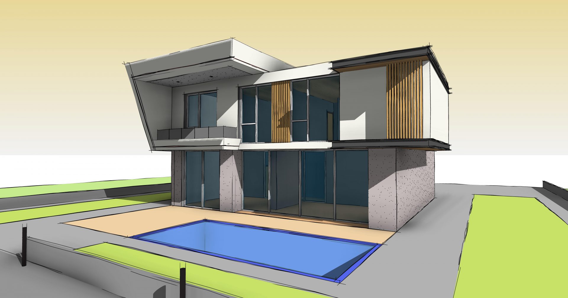 Minimalistische moderne Villa – 3D-Außenvisualisierung mit klaren Linien und überdachter Terrasse – erstellt von RaumFokus3D
