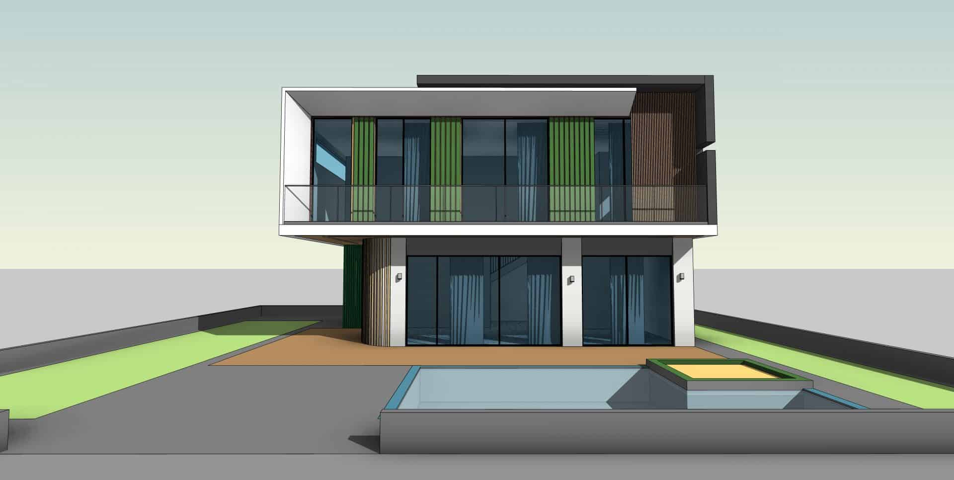Architektur-Konzeptmodell – frühes 3D-Rendering einer modernen Villa mit Pool – erstellt von RaumFokus3D