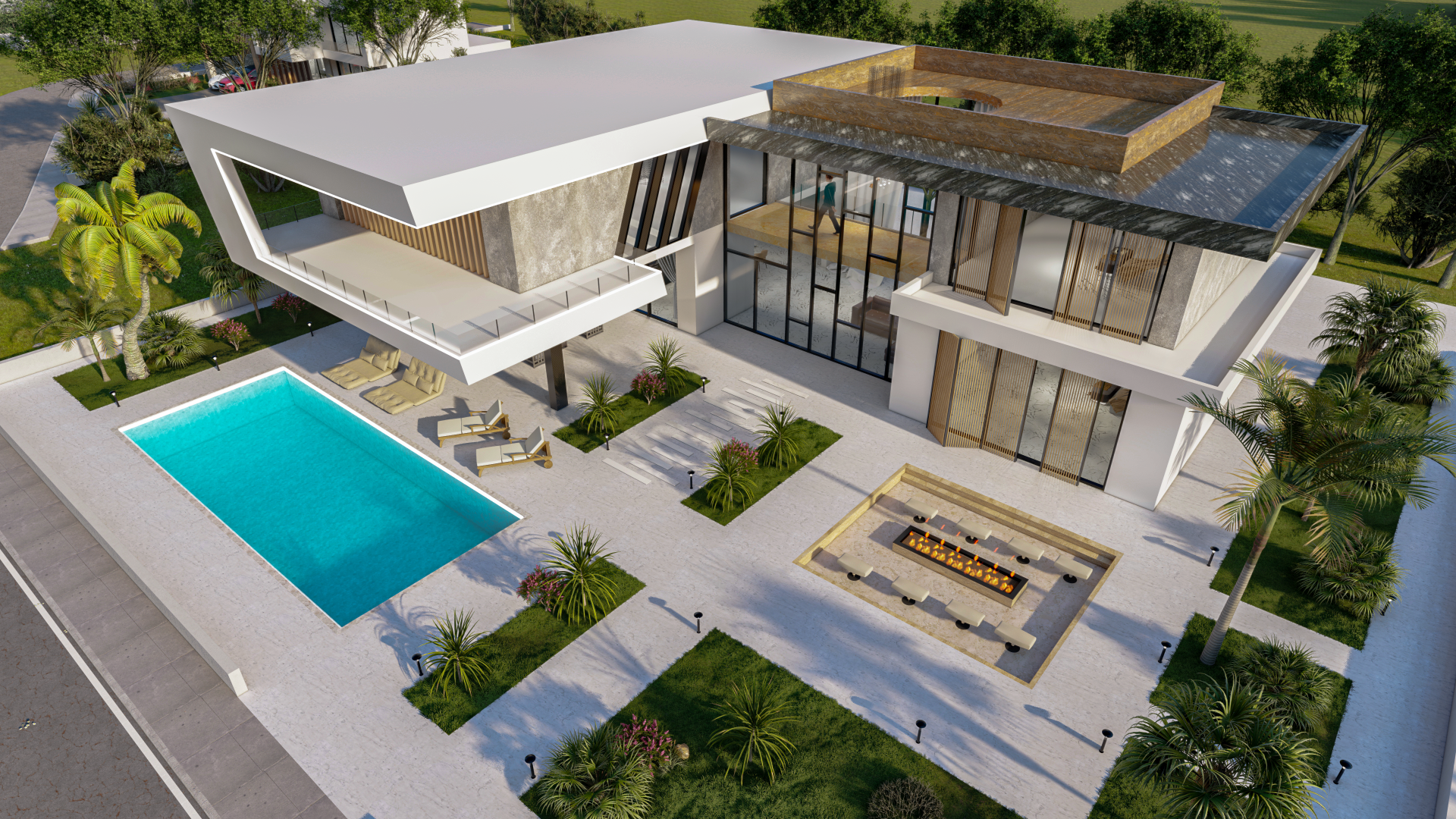 Sonnenuntergangs-Rendering moderner Villa – 3D-Außenvisualisierung mit großem Glasanteil und Landschaftsgestaltung – erstellt von RaumFokus3D