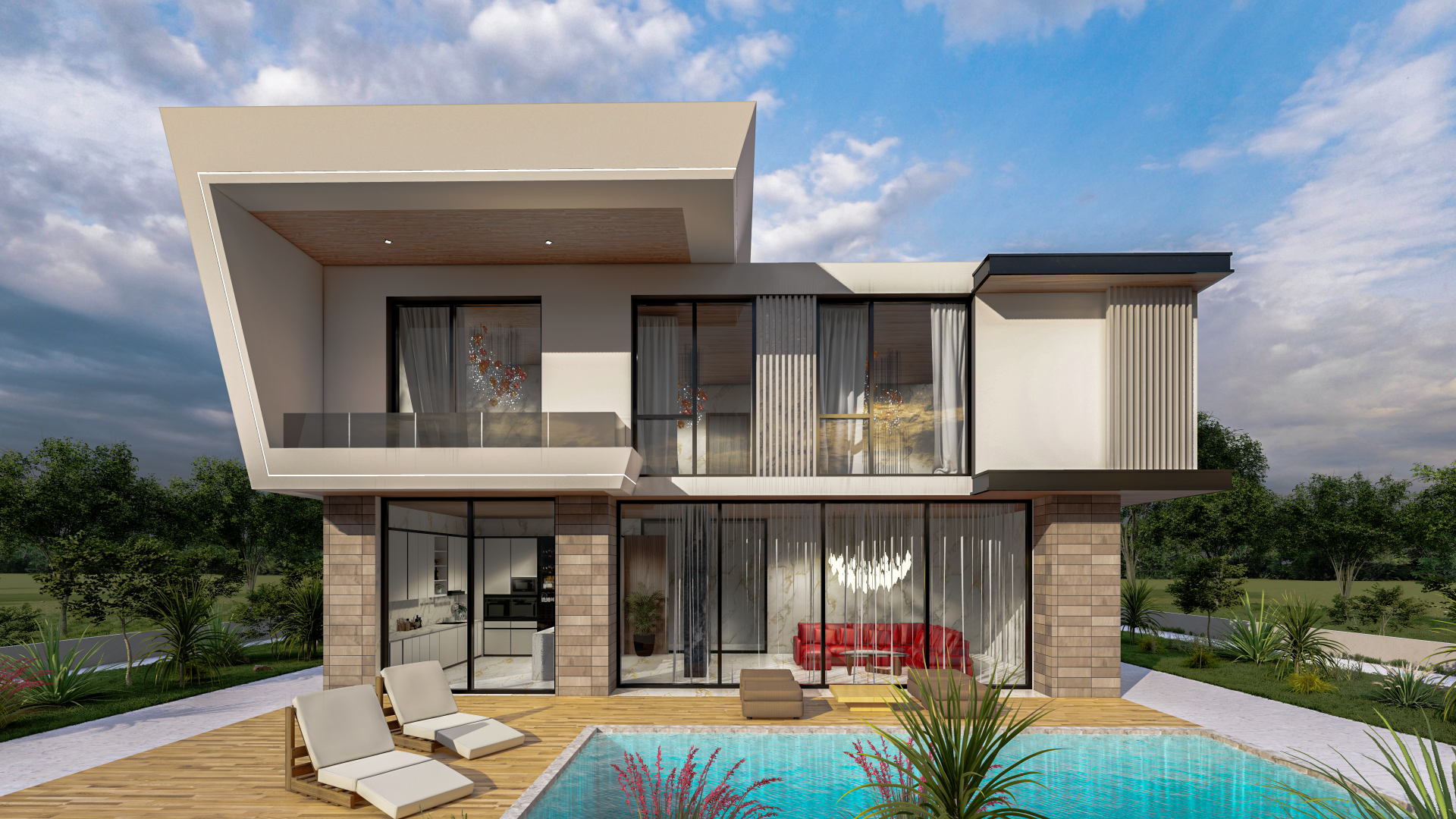 Moderne Villa mit Pool – fotorealistisches 3D-Außenrendering mit Glasfassade, Holzdetails und luxuriöser Terrassengestaltung – erstellt von RaumFokus3D