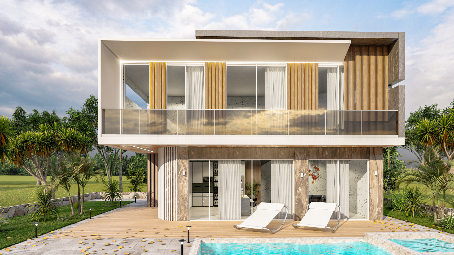 Moderne Villa – 3D-Rendering bei Sonnenlicht mit Pool, großer Terrasse und vertikalen Holzlamellen – erstellt von RaumFokus3D