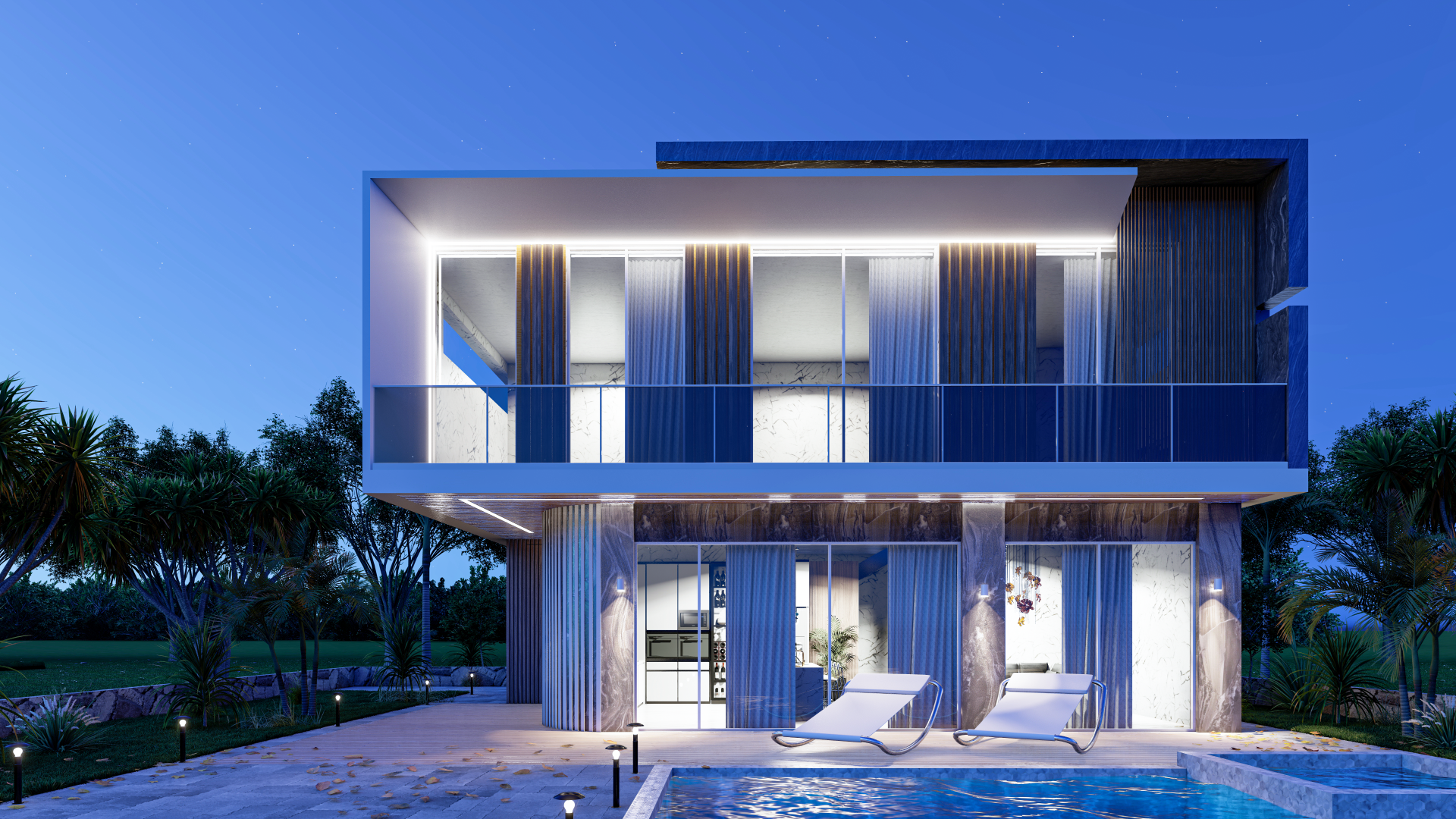 Nacht-Rendering einer Luxusvilla – 3D-Außenvisualisierung mit LED-Licht, moderner Fassade und Pool – erstellt von RaumFokus3D