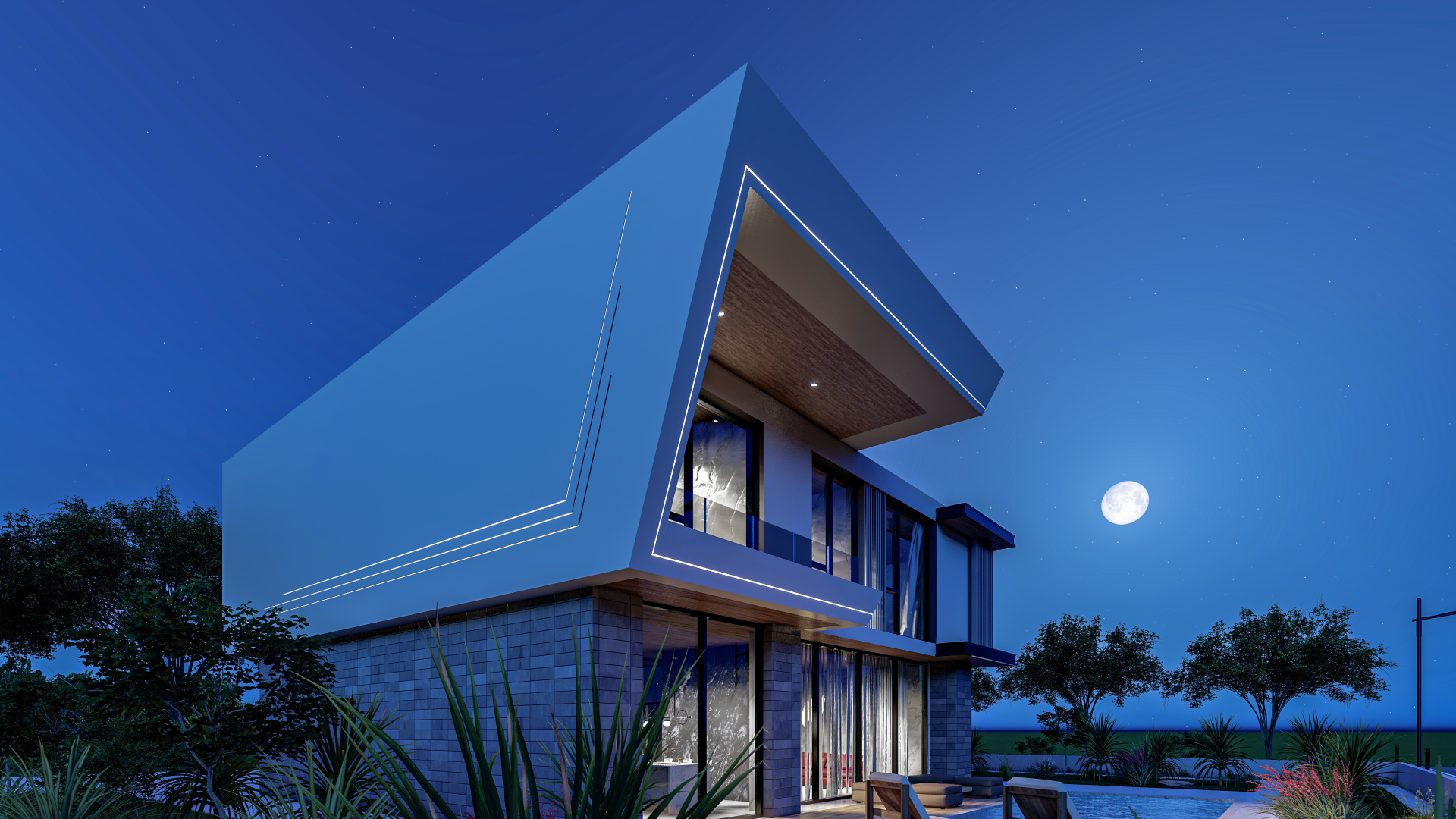 Moderne Familienvilla – 3D-Außenrendering mit Poollandschaft, Holzdetails und großem Balkon – erstellt von RaumFokus3D