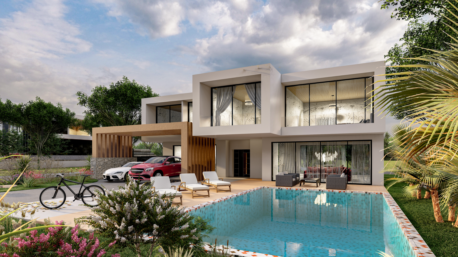 Zweistöckige Luxusvilla – 3D-Außenrendering mit Pool, Holzdetails, Glasbalkonen und moderner Landschaftsgestaltung – erstellt von RaumFokus3D