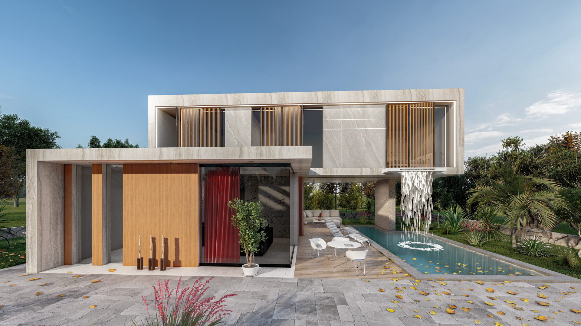 Moderne Poolvilla – 3D-Außenrendering mit Holz- und Betonakzenten, Glasfassade und Poolbereich – erstellt von RaumFokus3D