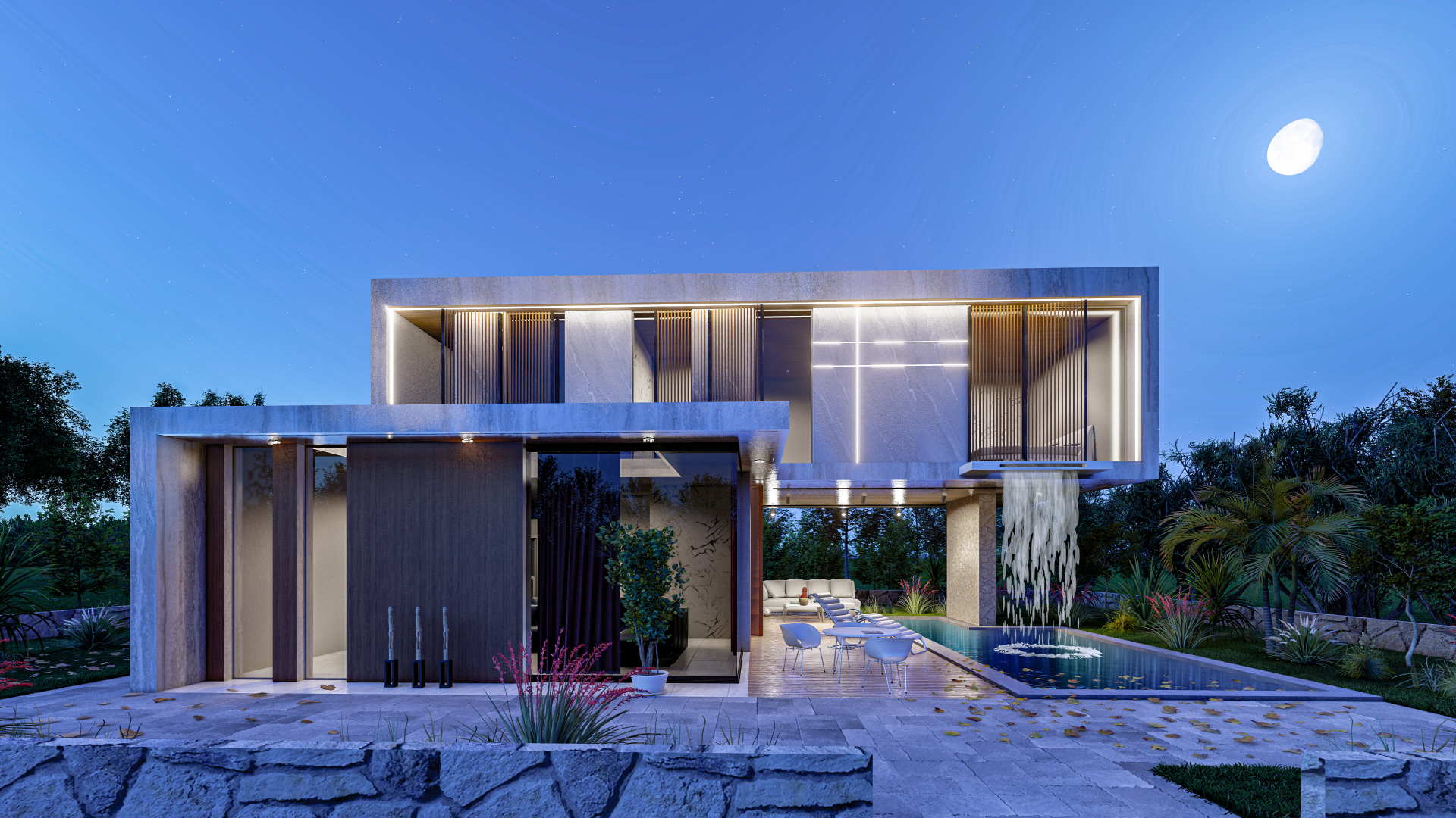 Nachtvisualisierung moderner Villa – 3D-Außenrendering mit LED-Beleuchtung und Poollandschaft – erstellt von RaumFokus3D