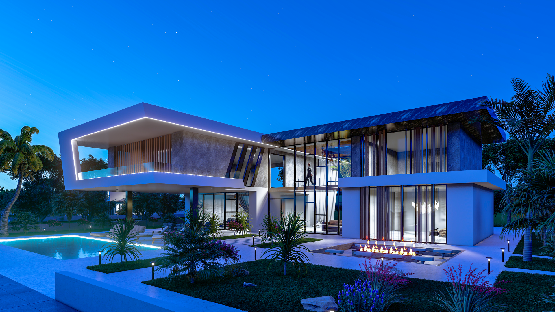 Moderne Residenz bei Abendlicht – 3D-Außenrendering mit großen Glasflächen und architektonischen Details – erstellt von RaumFokus3D