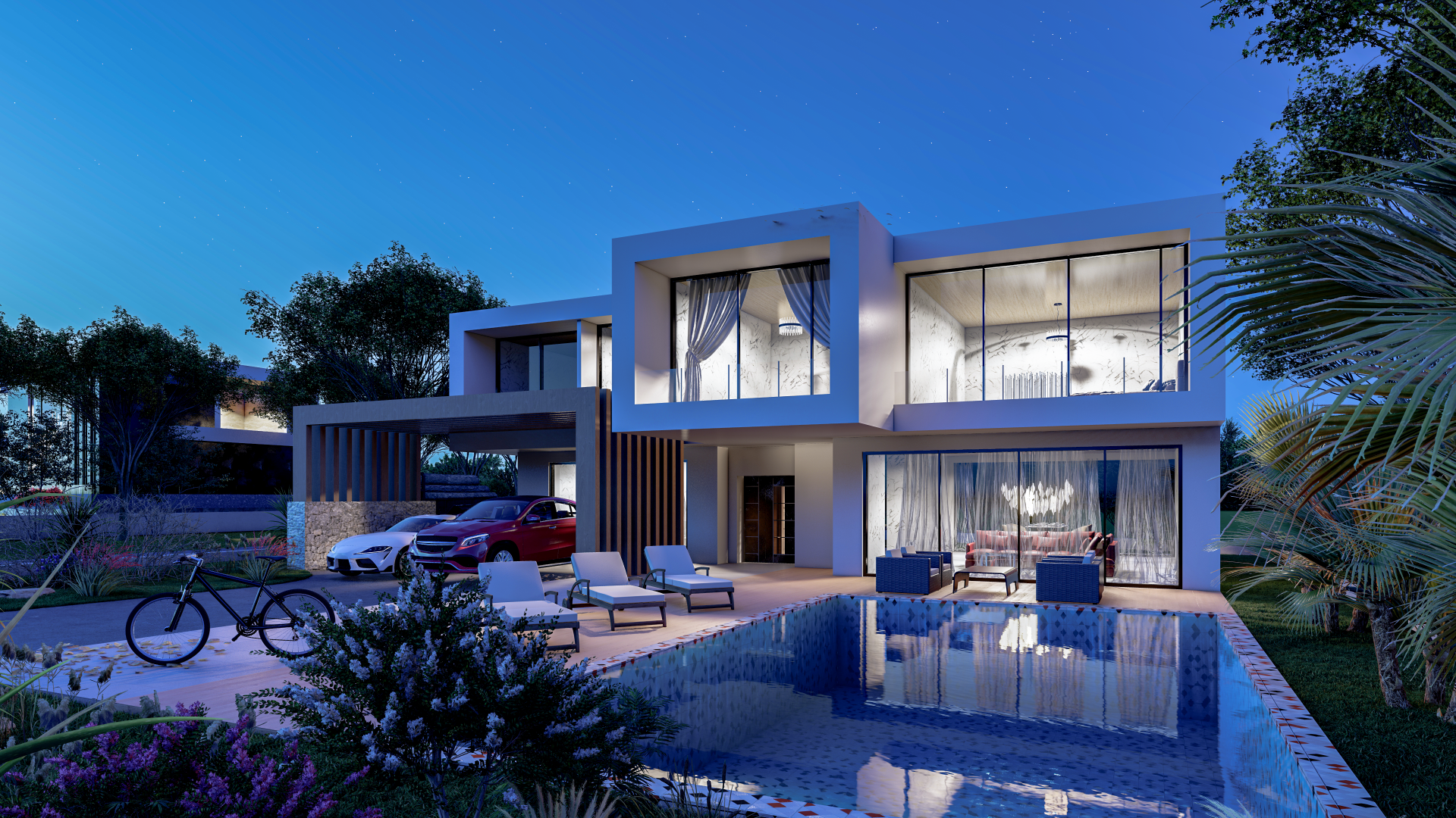 Luxus-Poolvilla – 3D-Nacht-Rendering mit LED-Außenbeleuchtung, modernen Linien und großem Swimmingpool – erstellt von RaumFokus3D