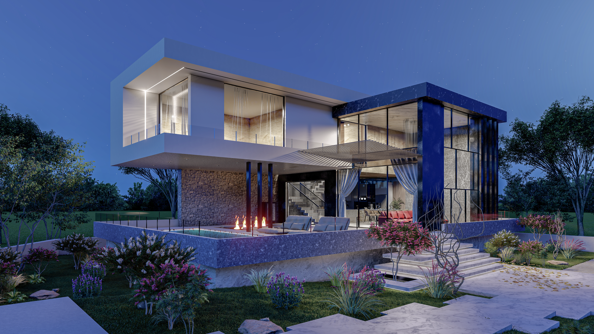 Moderne Villa – 3D-Nacht-Rendering mit Glasarchitektur, beleuchtetem Außenbereich und luxuriöser Gartengestaltung – erstellt von RaumFokus3D